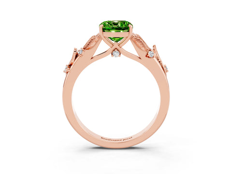 Rose gold Cushion Cut Peridot Solitaire Ring with Leaf Motif Band and Four-Prong Setting_3