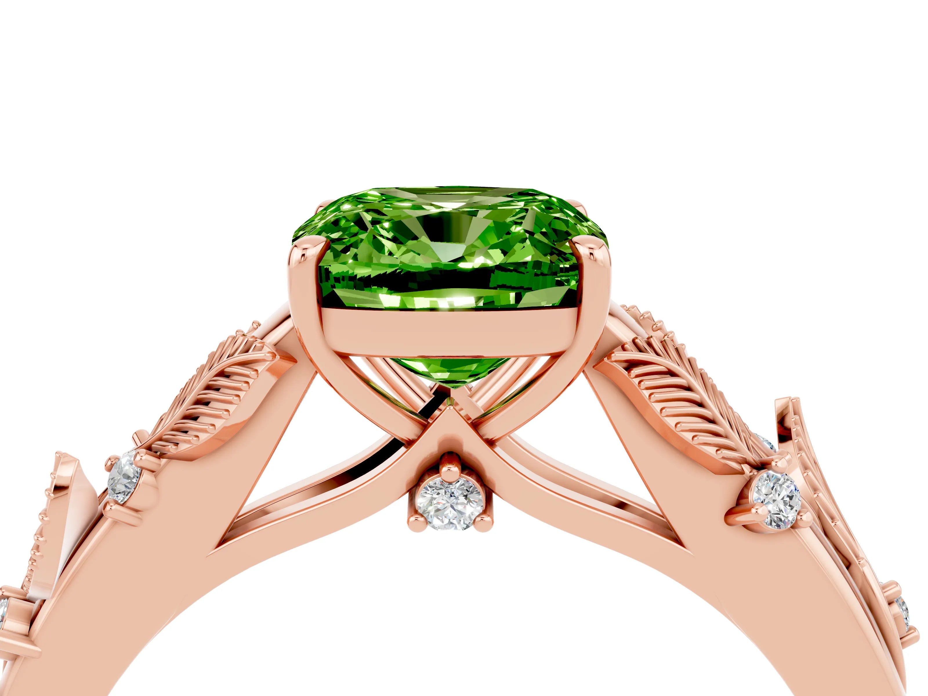 Rose gold Cushion Cut Peridot Solitaire Ring with Leaf Motif Band and Four-Prong Setting_4