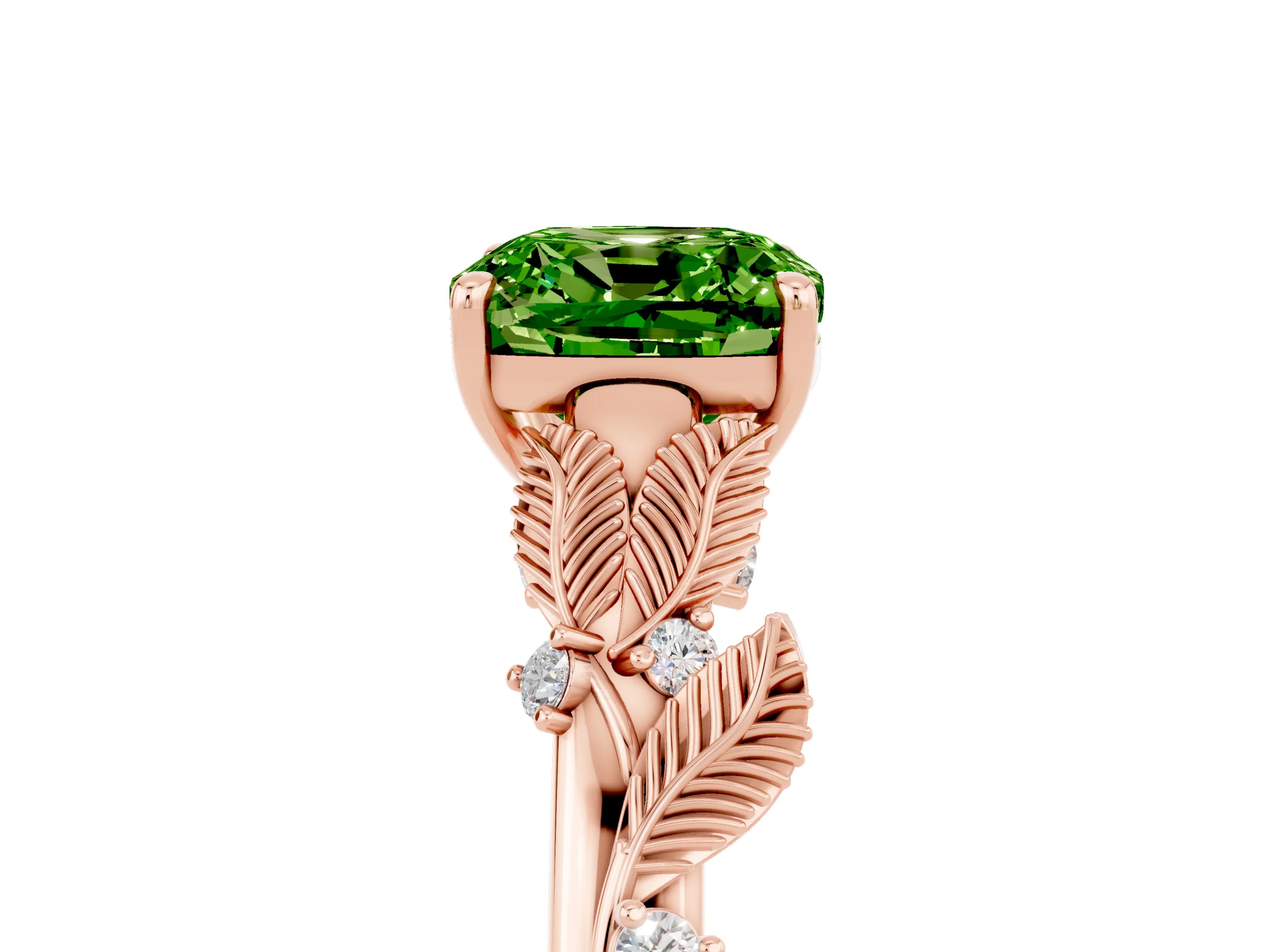 Rose gold Cushion Cut Peridot Solitaire Ring with Leaf Motif Band and Four-Prong Setting_5