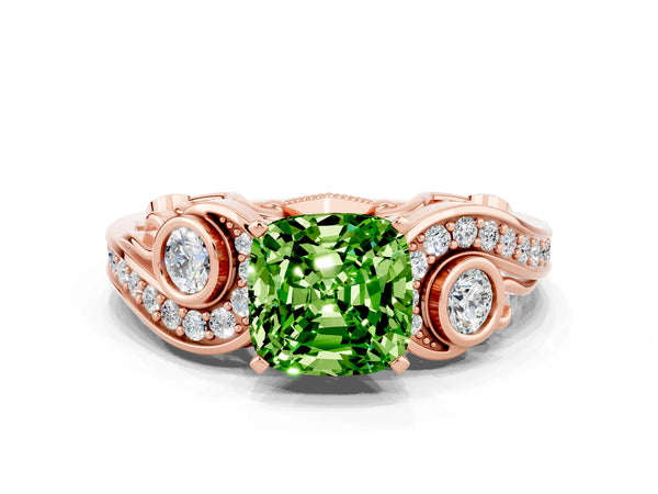 Rose gold Cushion Cut Peridot Solitaire Ring with Milgrain Pavé Band and Four-Prong Setting