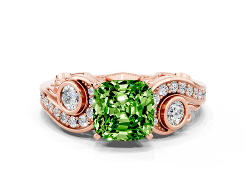 Rose gold Cushion Cut Peridot Solitaire Ring with Milgrain Pavé Band and Four-Prong Setting_24
