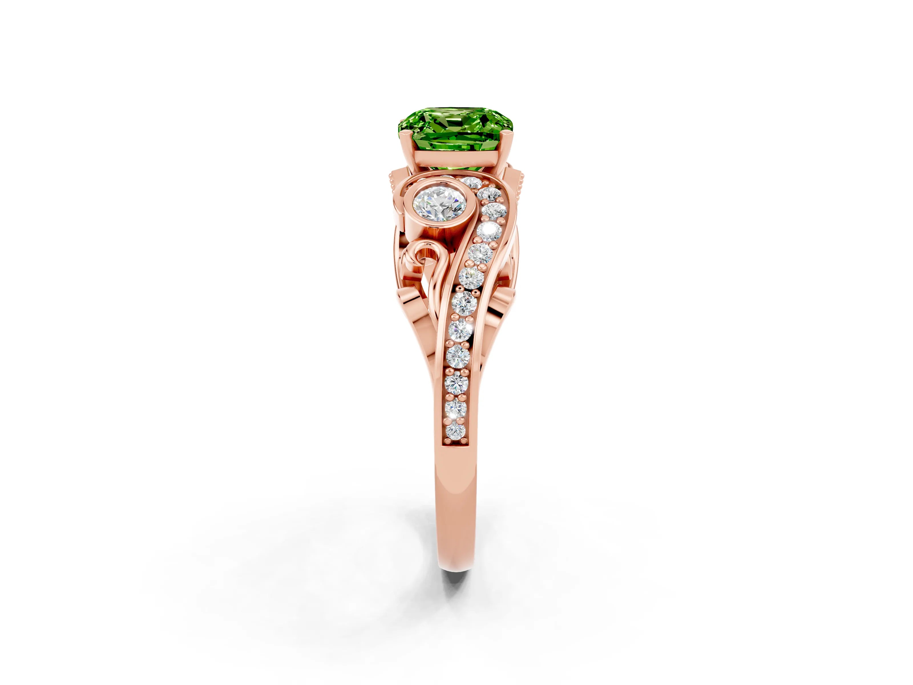 Rose gold Cushion Cut Peridot Solitaire Ring with Milgrain Pavé Band and Four-Prong Setting_26