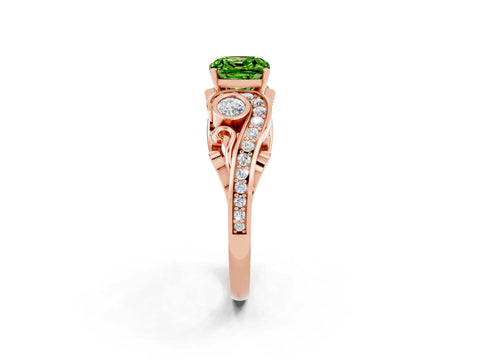 Rose gold Cushion Cut Peridot Solitaire Ring with Milgrain Pavé Band and Four-Prong Setting_26