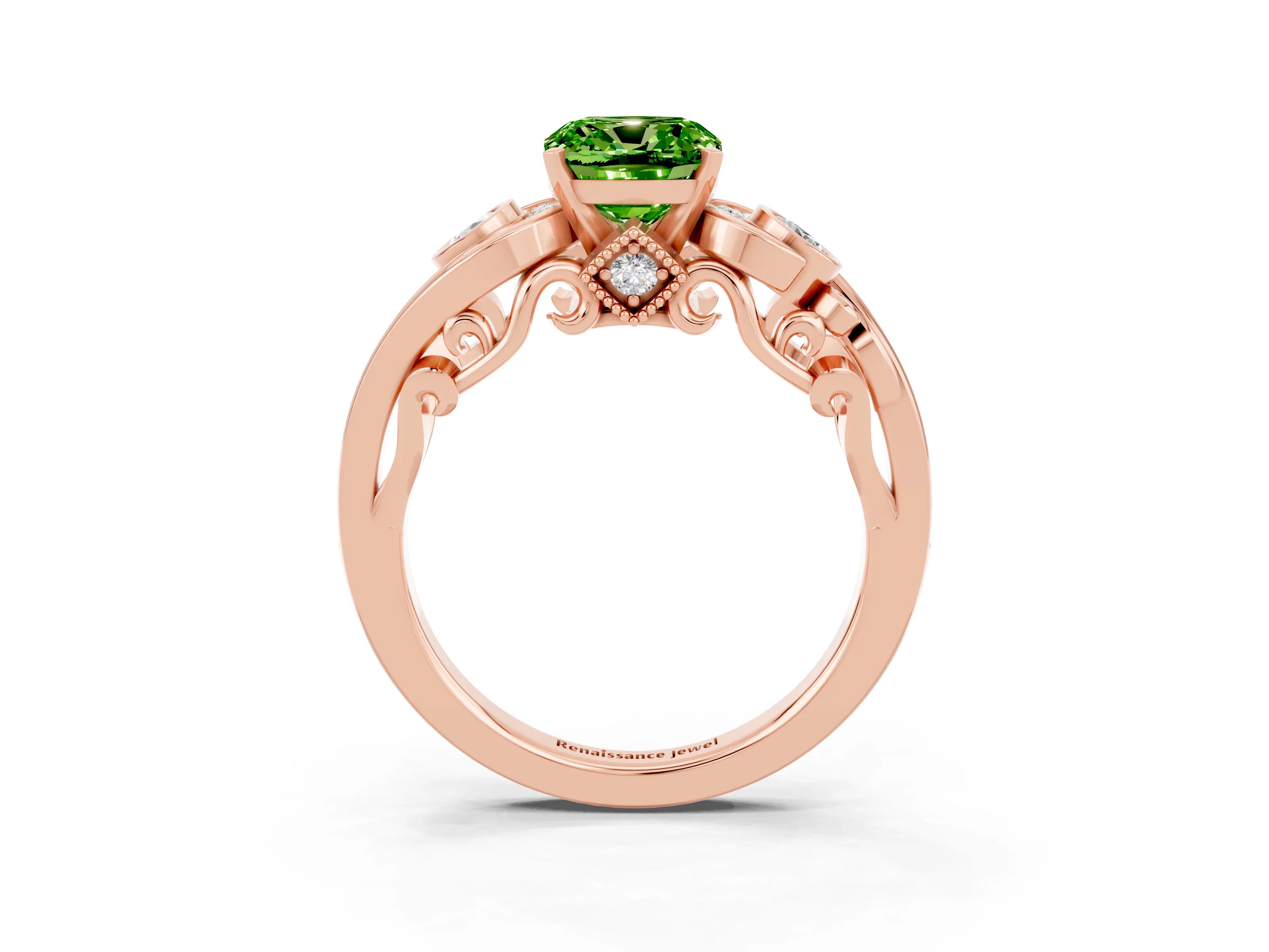 Rose gold Cushion Cut Peridot Solitaire Ring with Milgrain Pavé Band and Four-Prong Setting_27