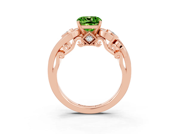 Rose gold Cushion Cut Peridot Solitaire Ring with Milgrain Pavé Band and Four-Prong Setting