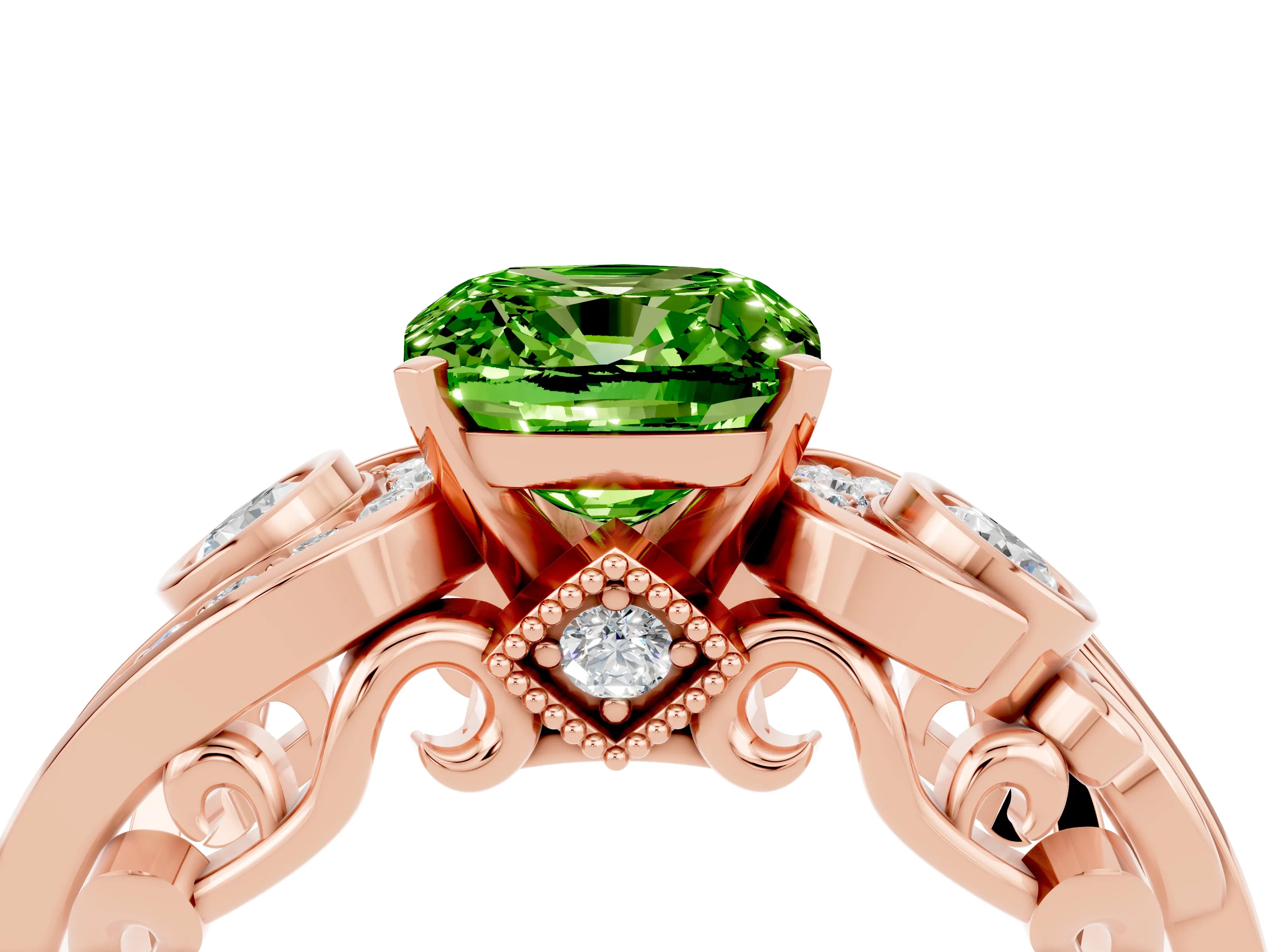Rose gold Cushion Cut Peridot Solitaire Ring with Milgrain Pavé Band and Four-Prong Setting_28