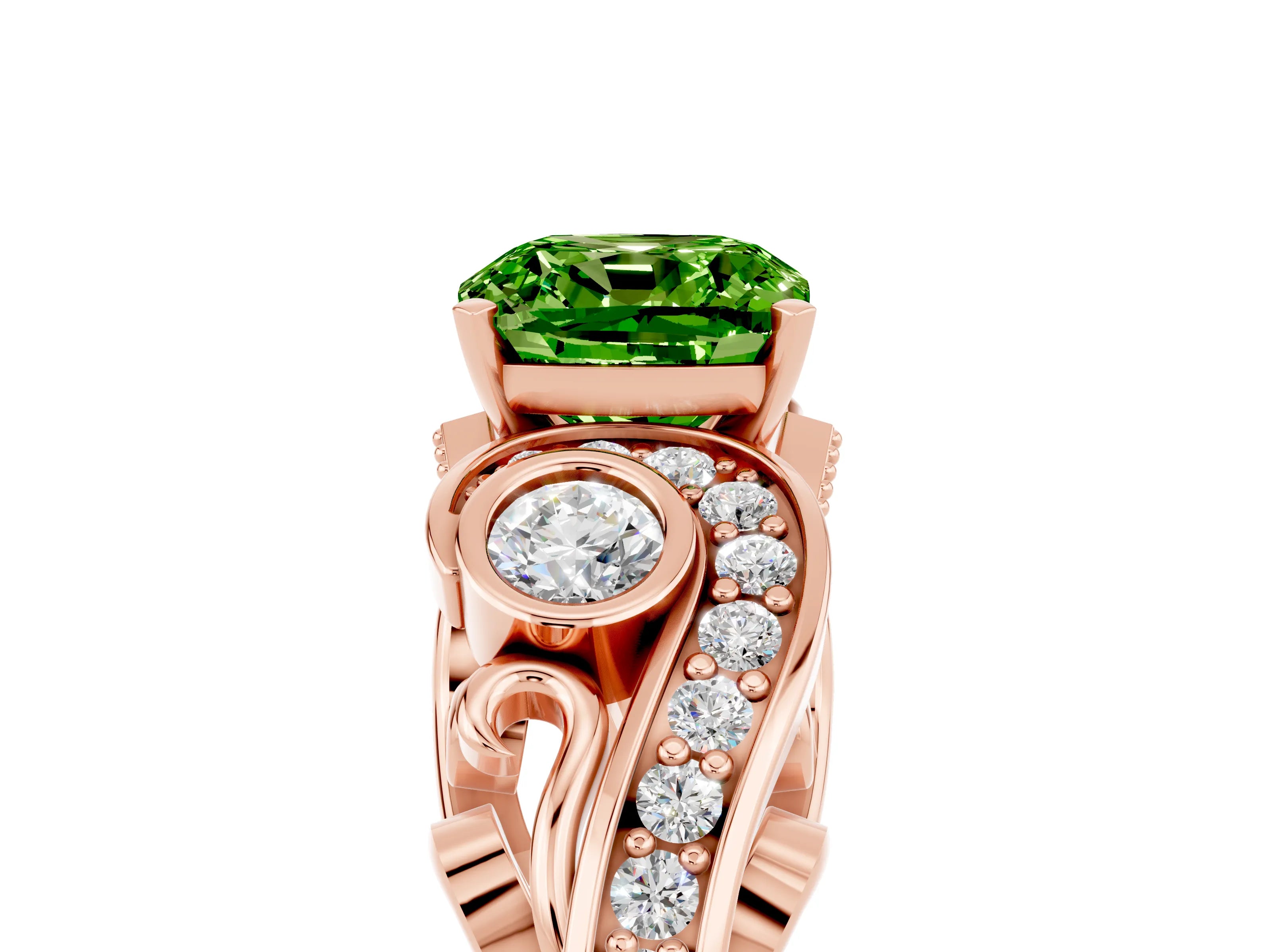 Rose gold Cushion Cut Peridot Solitaire Ring with Milgrain Pavé Band and Four-Prong Setting_29