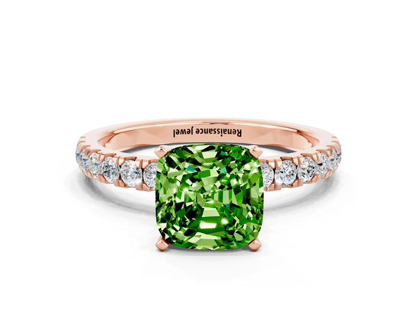 Rose gold Cushion Cut Peridot Solitaire Ring with Pavé Accents and Four-Prong Setting