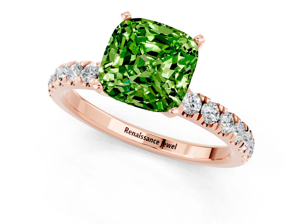 Rose gold Cushion Cut Peridot Solitaire Ring with Pavé Accents and Four-Prong Setting