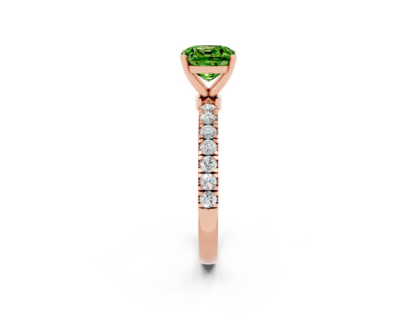 Rose gold Cushion Cut Peridot Solitaire Ring with Pavé Accents and Four-Prong Setting