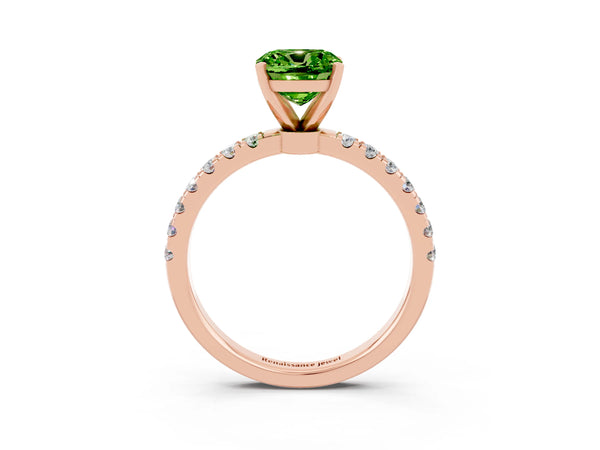 Rose gold Cushion Cut Peridot Solitaire Ring with Pavé Accents and Four-Prong Setting