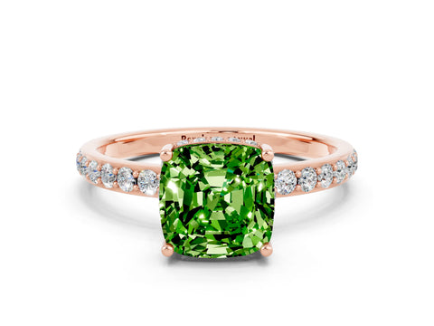 Rose gold Cushion Cut Peridot Solitaire Ring with Pavé Band and Hidden Halo_12