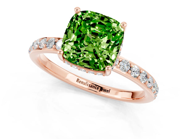 Rose gold Cushion Cut Peridot Solitaire Ring with Pavé Band and Hidden Halo