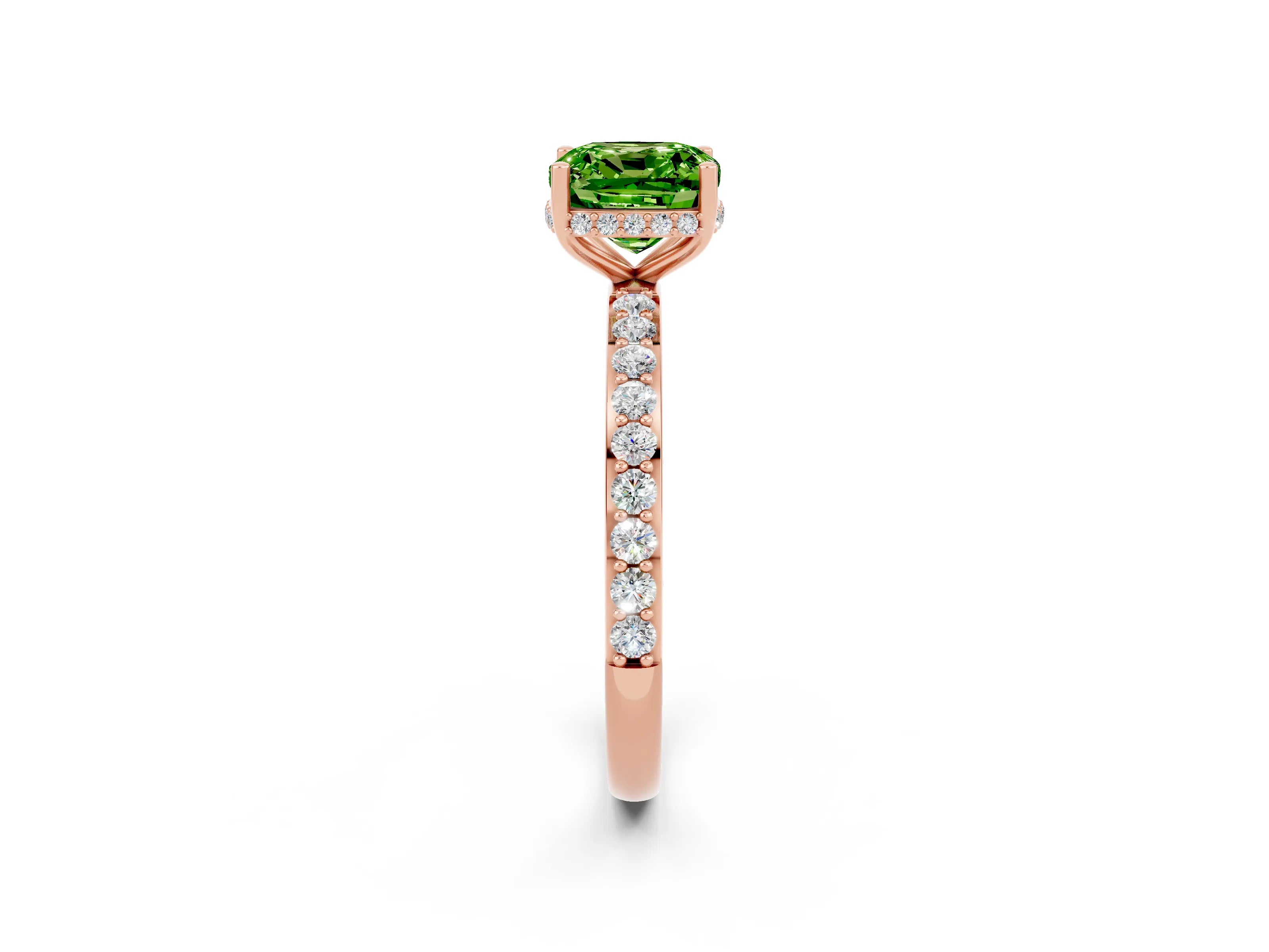 Rose gold Cushion Cut Peridot Solitaire Ring with Pavé Band and Hidden Halo_14