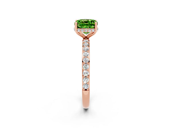 Rose gold Cushion Cut Peridot Solitaire Ring with Pavé Band and Hidden Halo