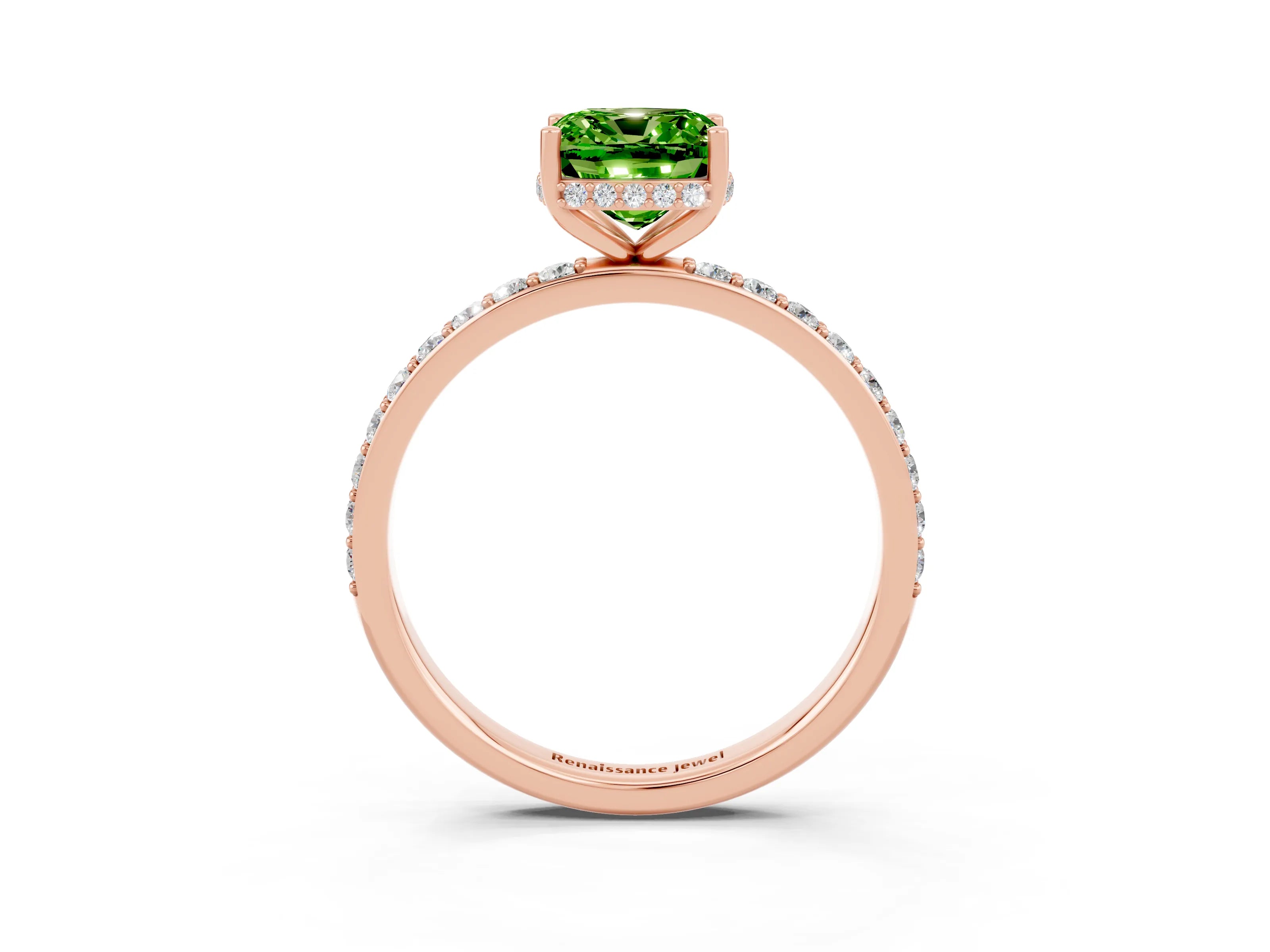 Rose gold Cushion Cut Peridot Solitaire Ring with Pavé Band and Hidden Halo_15