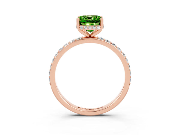 Rose gold Cushion Cut Peridot Solitaire Ring with Pavé Band and Hidden Halo