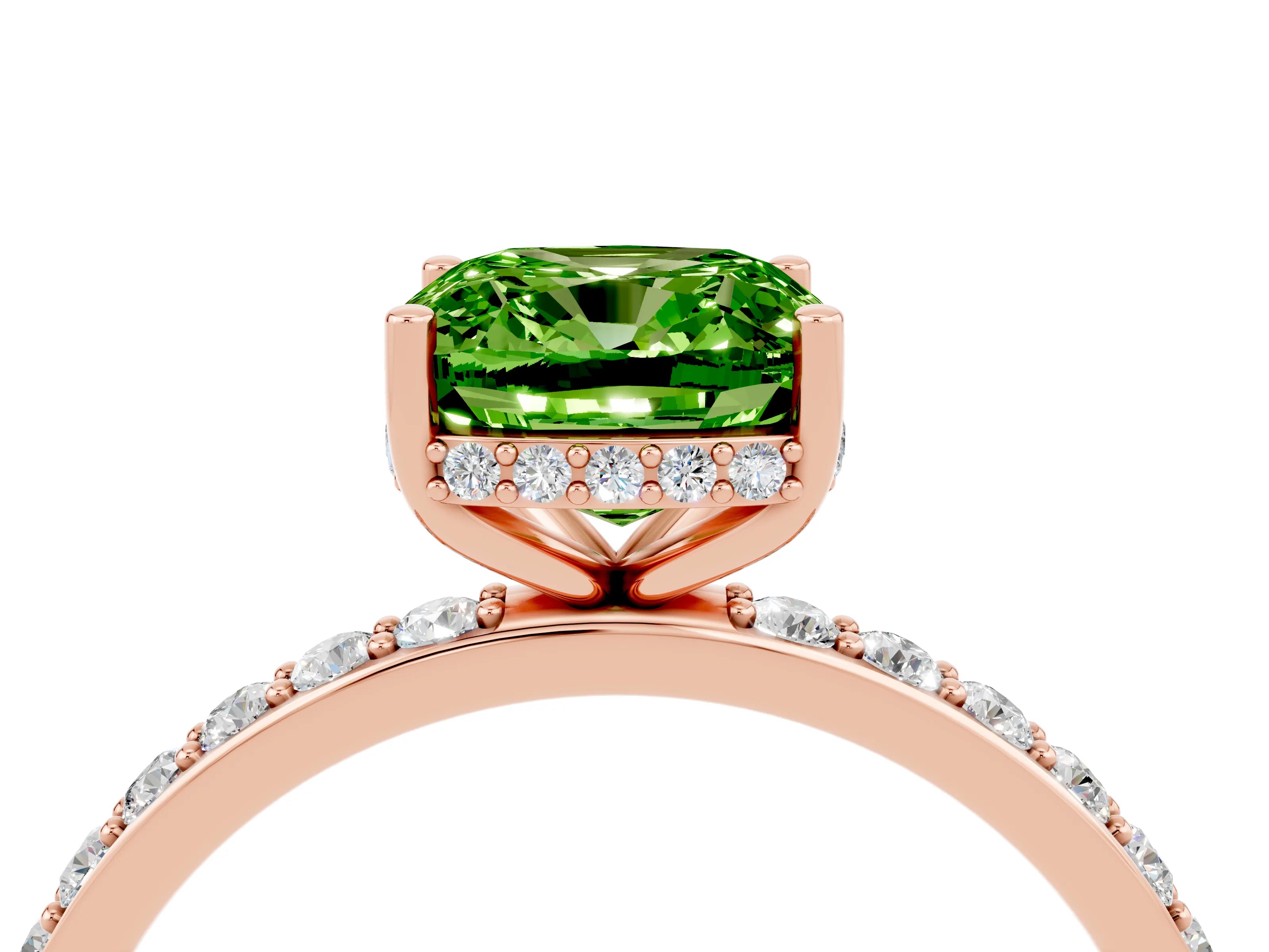 Rose gold Cushion Cut Peridot Solitaire Ring with Pavé Band and Hidden Halo_16