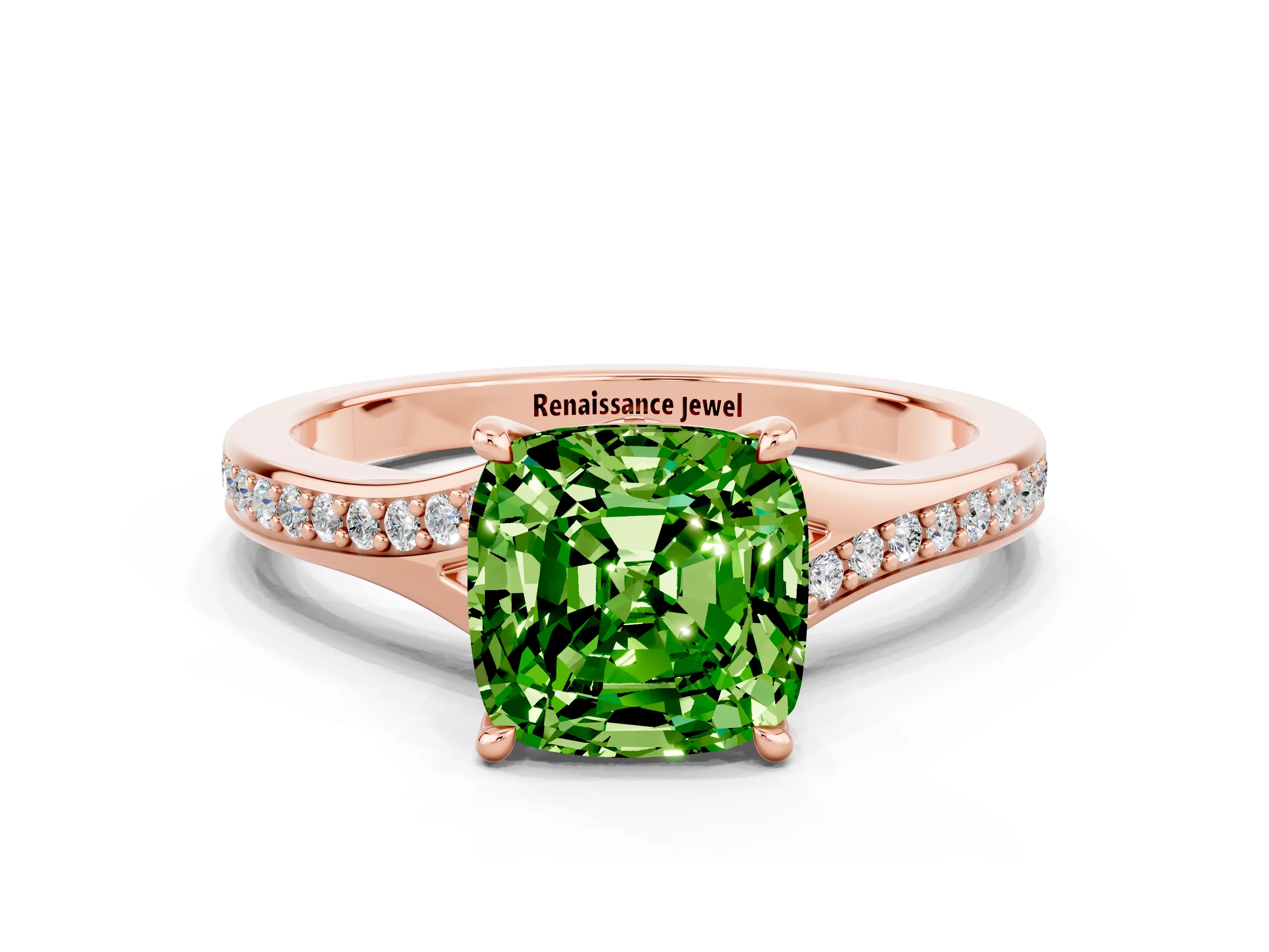 Rose gold Cushion Cut Peridot Solitaire Ring with Pavé Band and Prong Setting