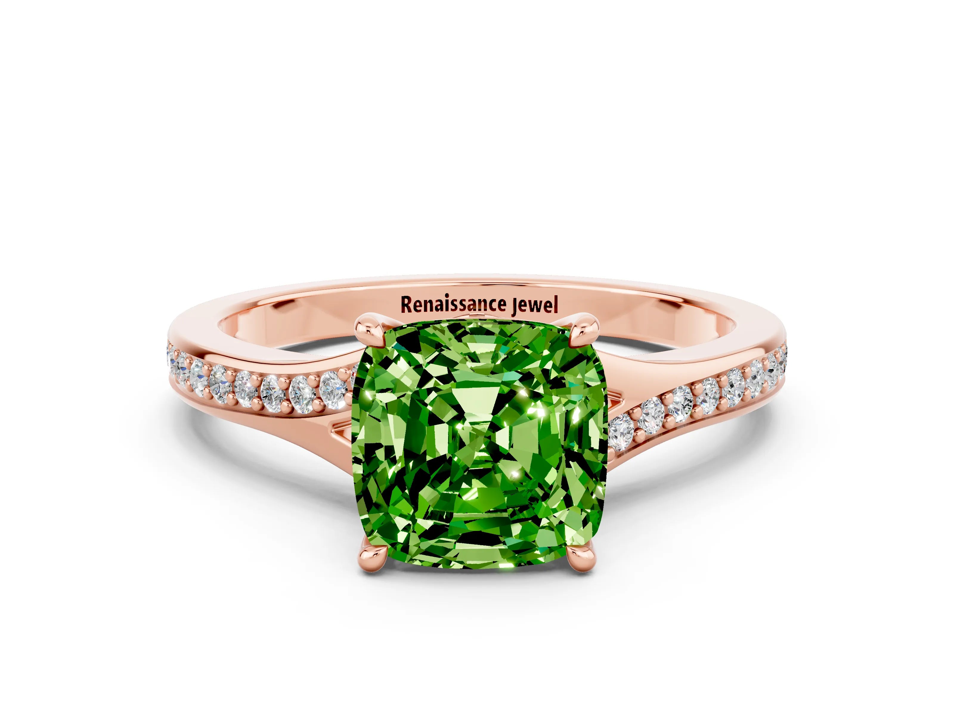 Rose gold Cushion Cut Peridot Solitaire Ring with Pavé Band and Prong Setting_12