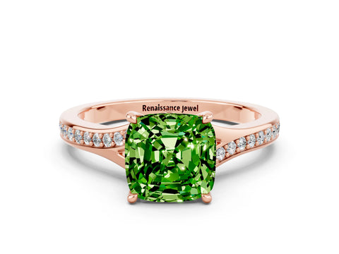 Rose gold Cushion Cut Peridot Solitaire Ring with Pavé Band and Prong Setting_12