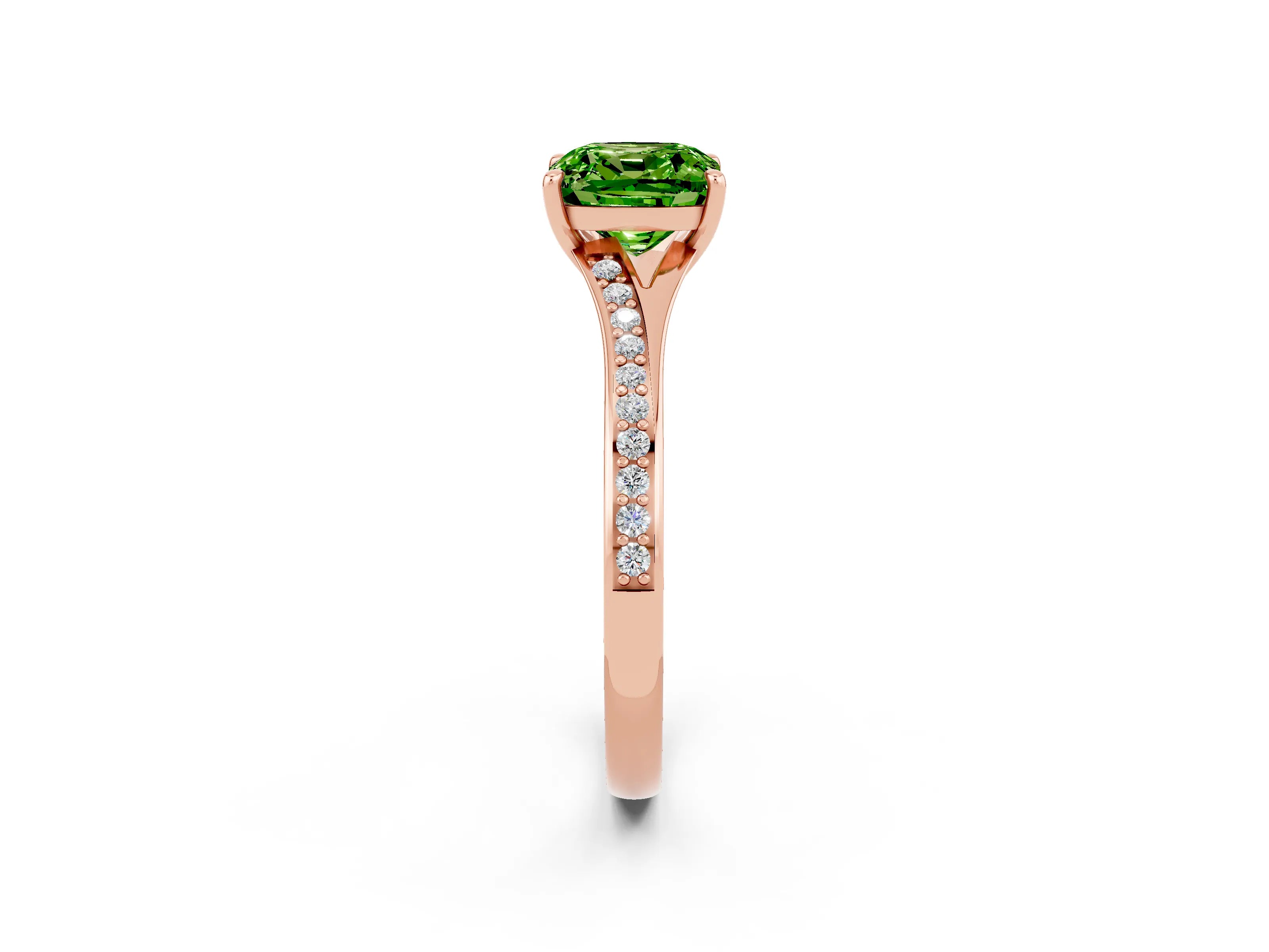 Rose gold Cushion Cut Peridot Solitaire Ring with Pavé Band and Prong Setting_14