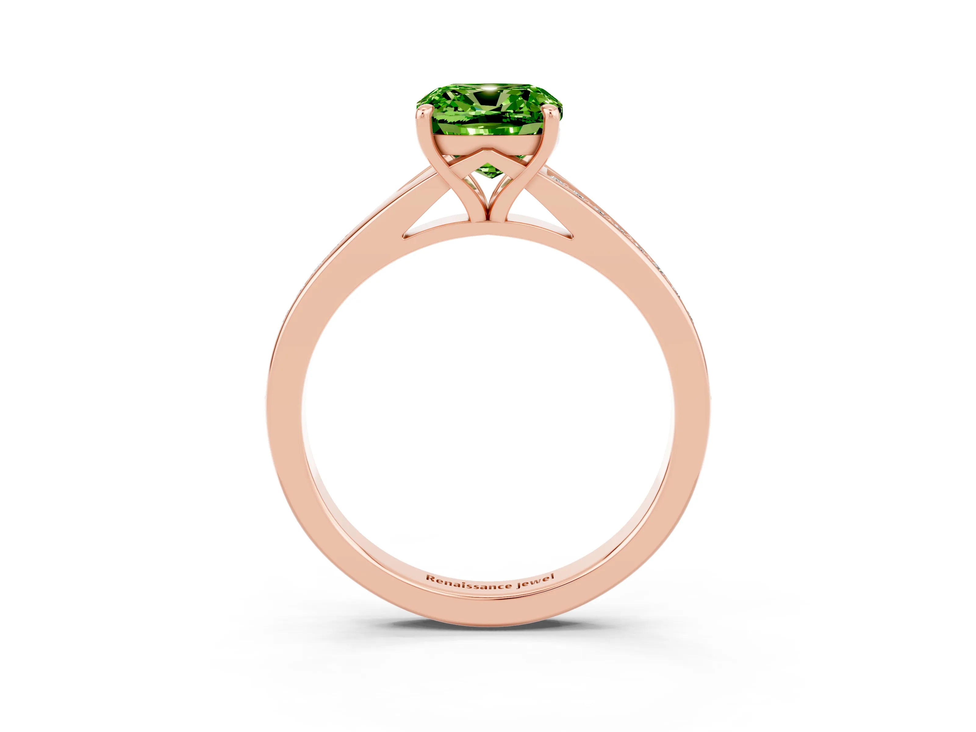 Rose gold Cushion Cut Peridot Solitaire Ring with Pavé Band and Prong Setting_15