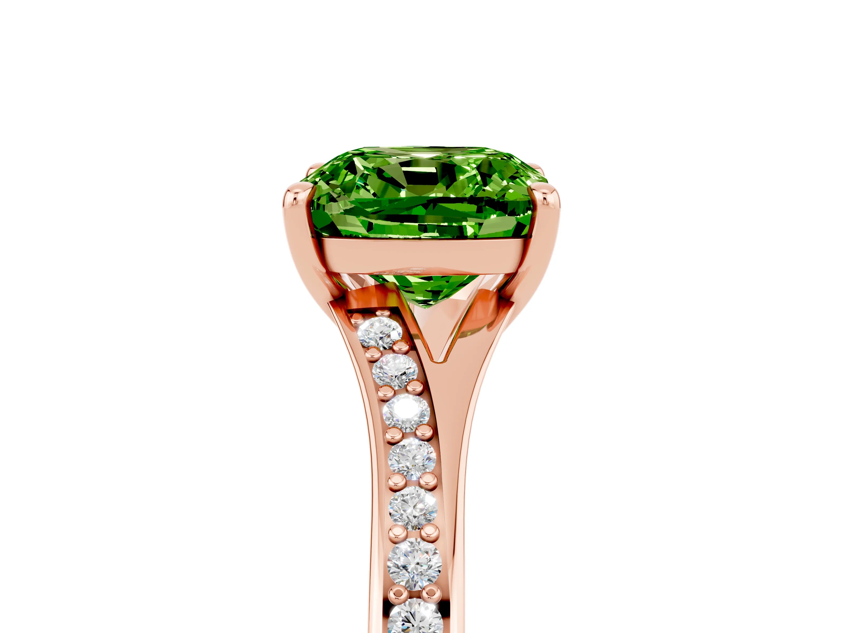 Rose gold Cushion Cut Peridot Solitaire Ring with Pavé Band and Prong Setting_17
