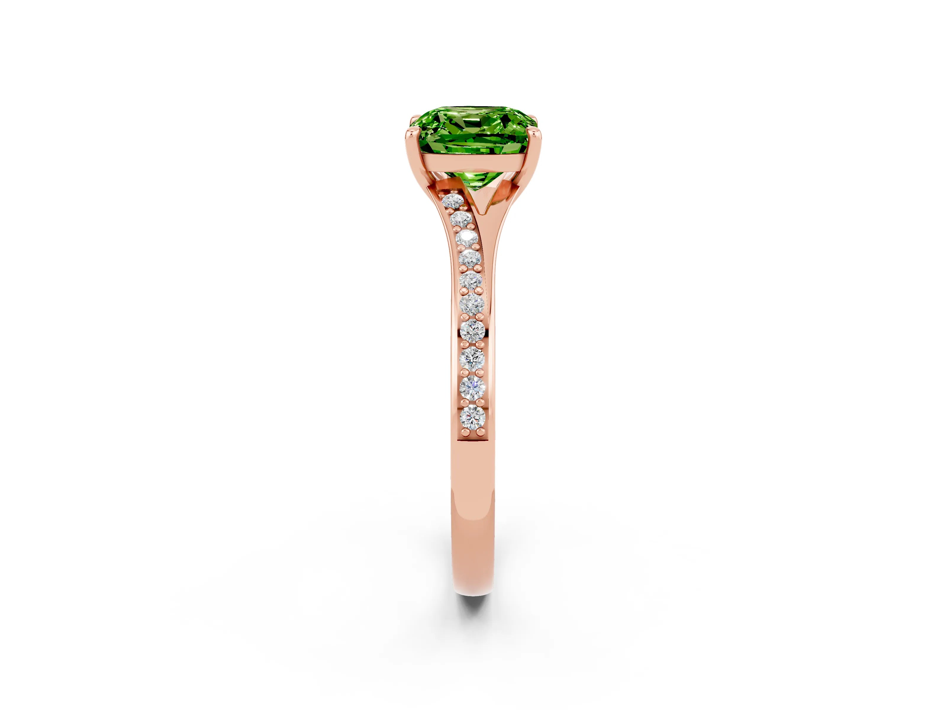 Rose gold Cushion Cut Peridot Solitaire Ring with Pavé Band and Prong Setting_2