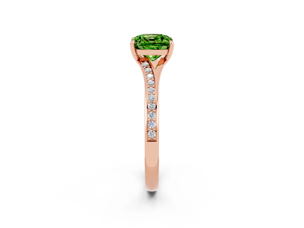 Rose gold Cushion Cut Peridot Solitaire Ring with Pavé Band and Prong Setting