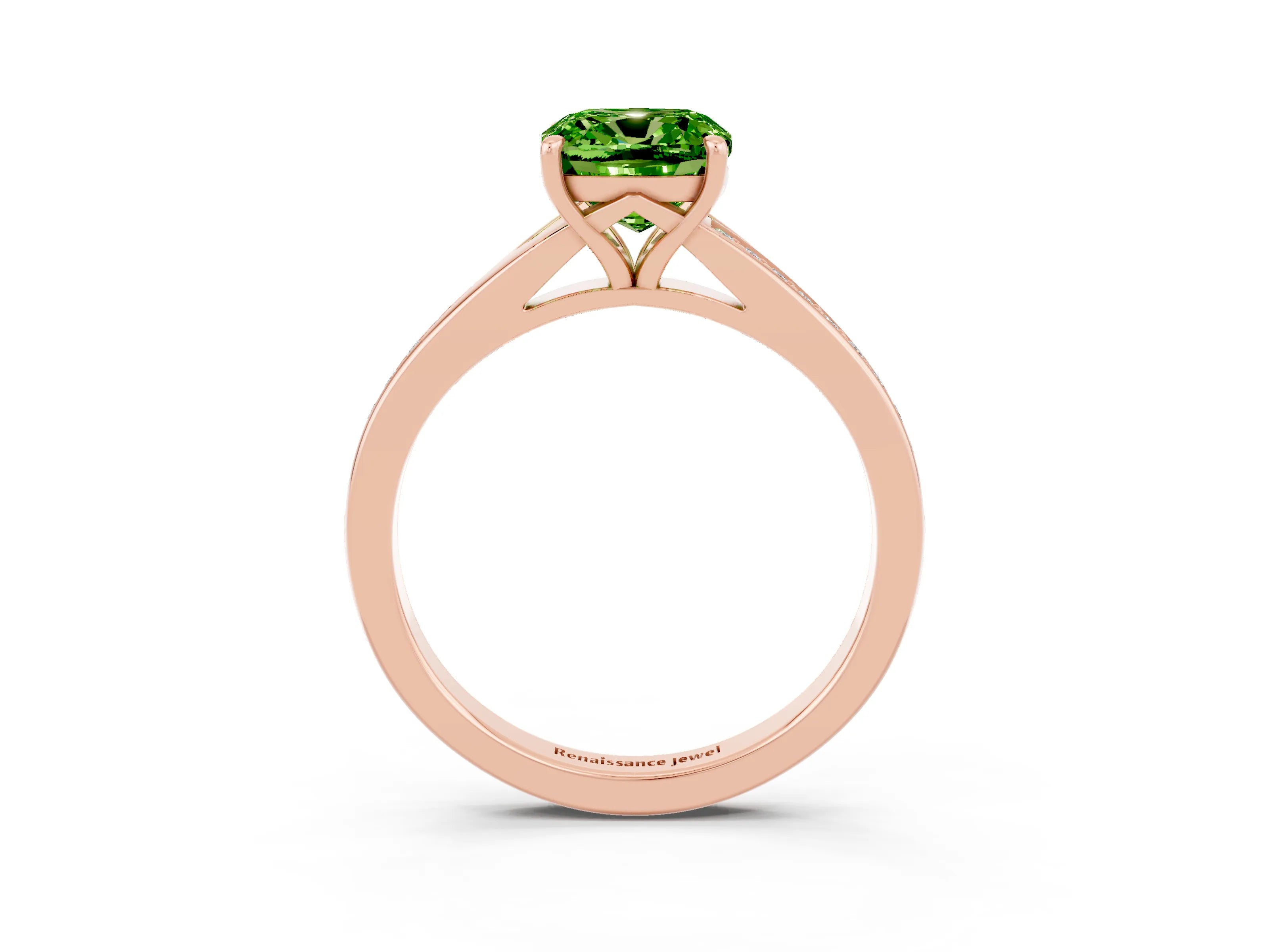 Rose gold Cushion Cut Peridot Solitaire Ring with Pavé Band and Prong Setting_3