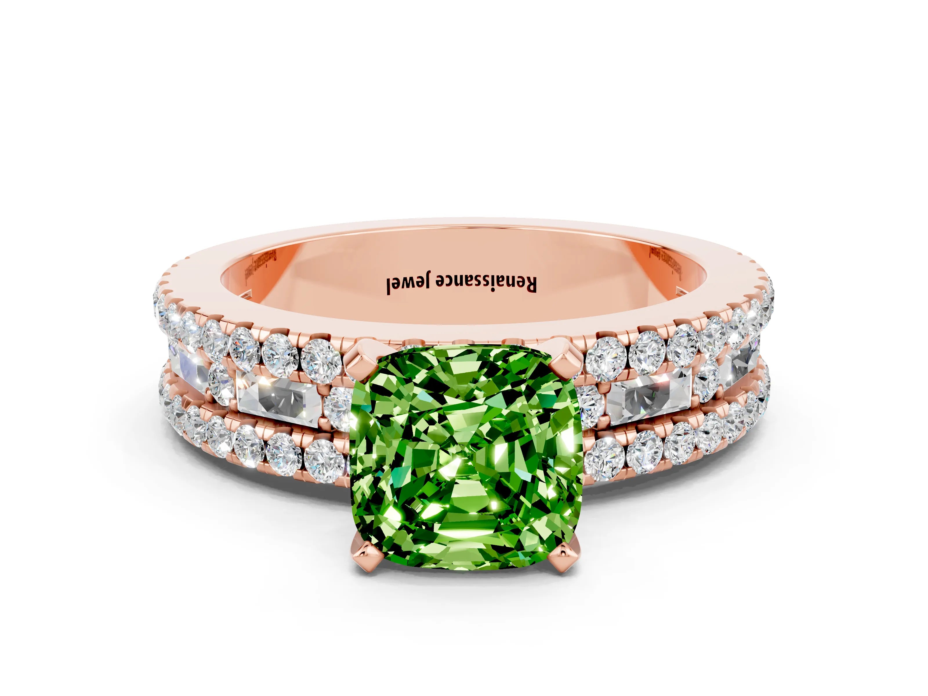 Rose gold Cushion Cut Peridot Solitaire Ring with Pavé and Channel Set Band