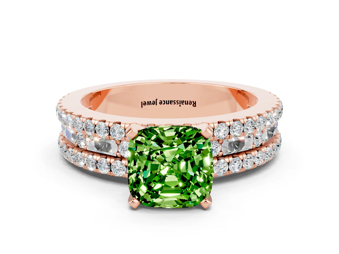 Rose gold Cushion Cut Peridot Solitaire Ring with Pavé and Channel Set Band