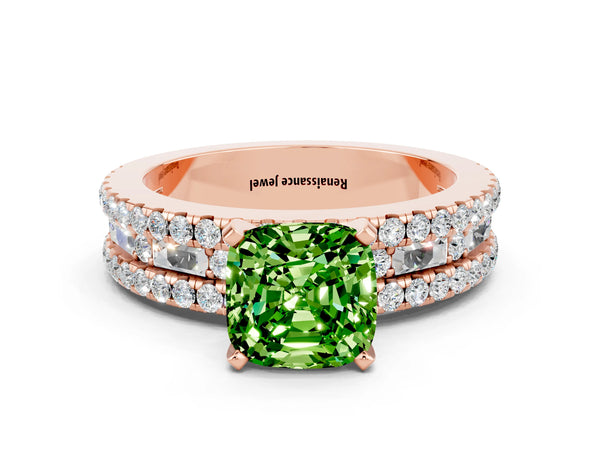 Rose gold Cushion Cut Peridot Solitaire Ring with Pavé and Channel Set Band