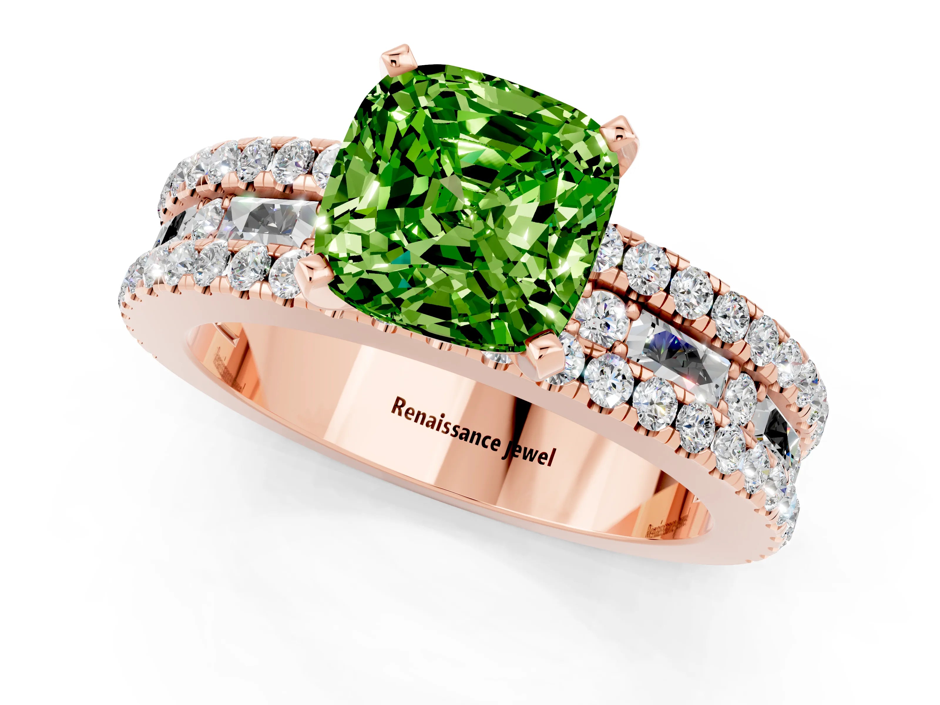Rose gold Cushion Cut Peridot Solitaire Ring with Pavé and Channel Set Band_1