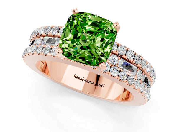 Rose gold Cushion Cut Peridot Solitaire Ring with Pavé and Channel Set Band