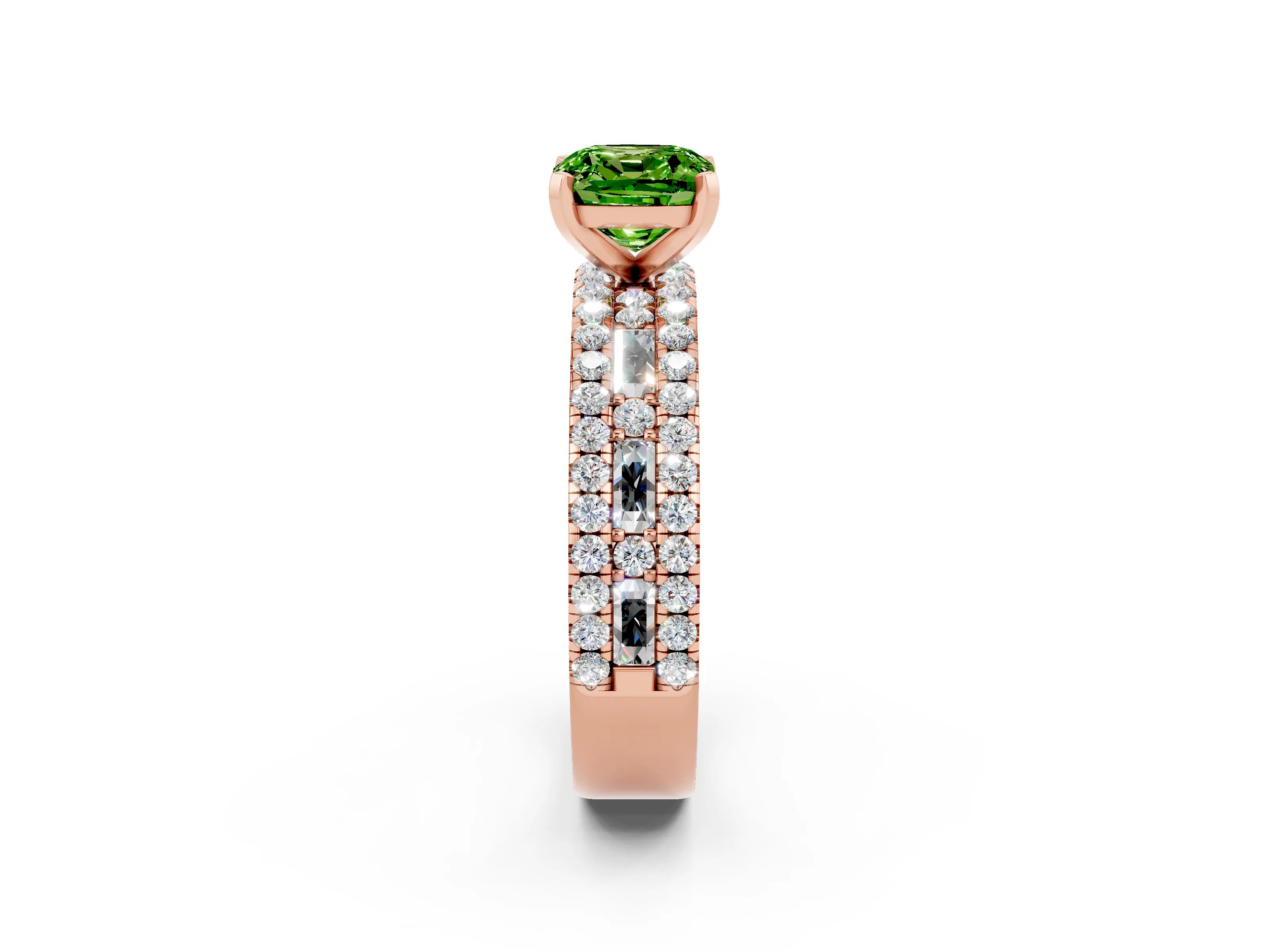 Rose gold Cushion Cut Peridot Solitaire Ring with Pavé and Channel Set Band_2