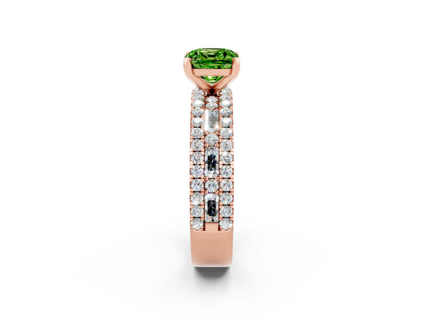 Rose gold Cushion Cut Peridot Solitaire Ring with Pavé and Channel Set Band