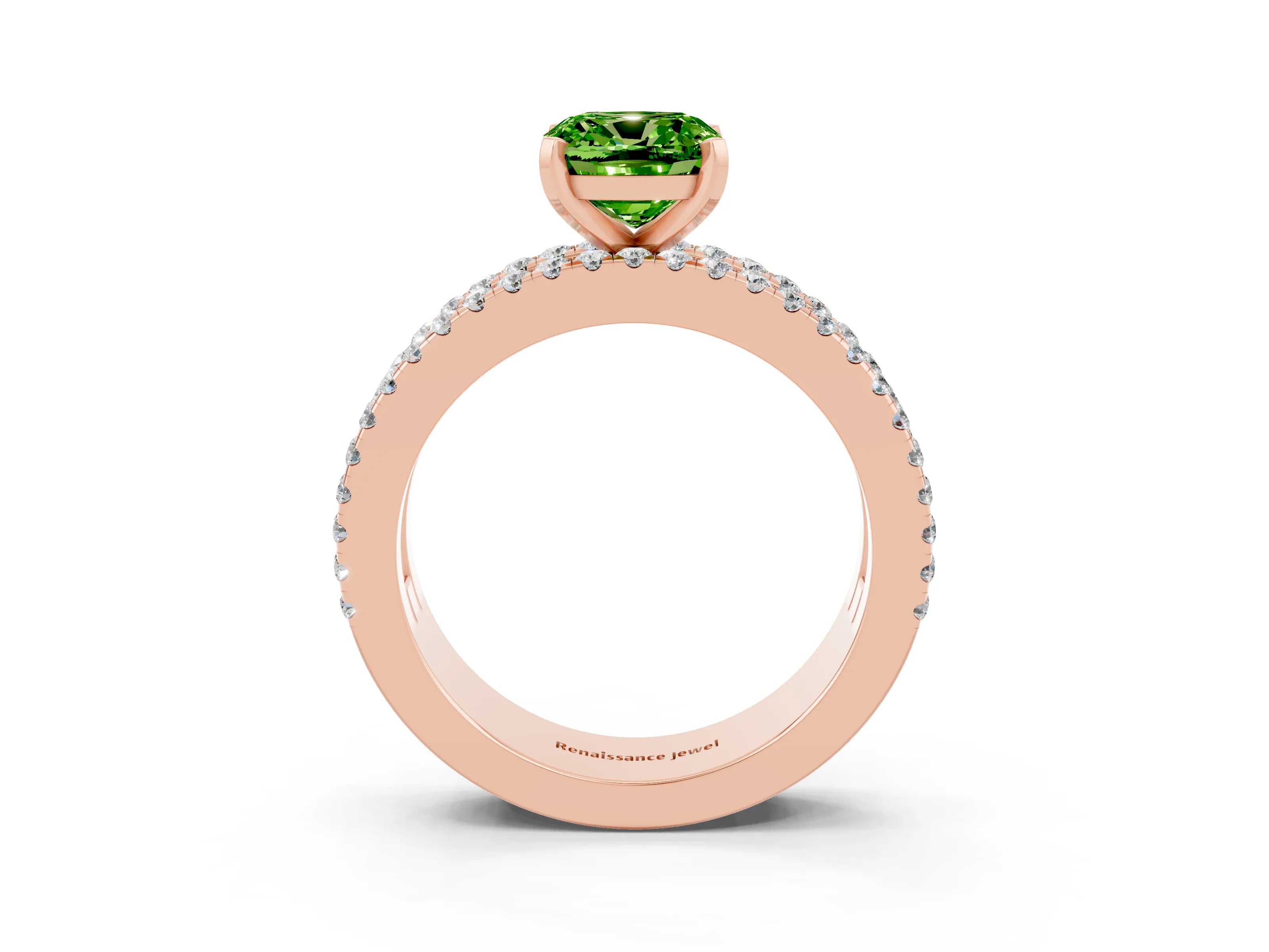 Rose gold Cushion Cut Peridot Solitaire Ring with Pavé and Channel Set Band_3