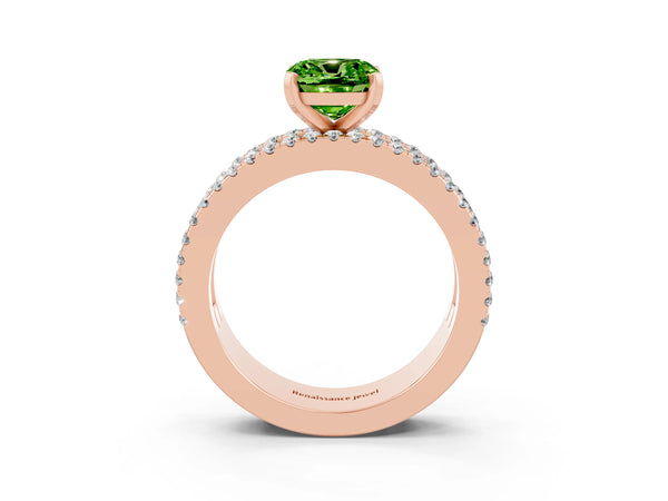 Rose gold Cushion Cut Peridot Solitaire Ring with Pavé and Channel Set Band