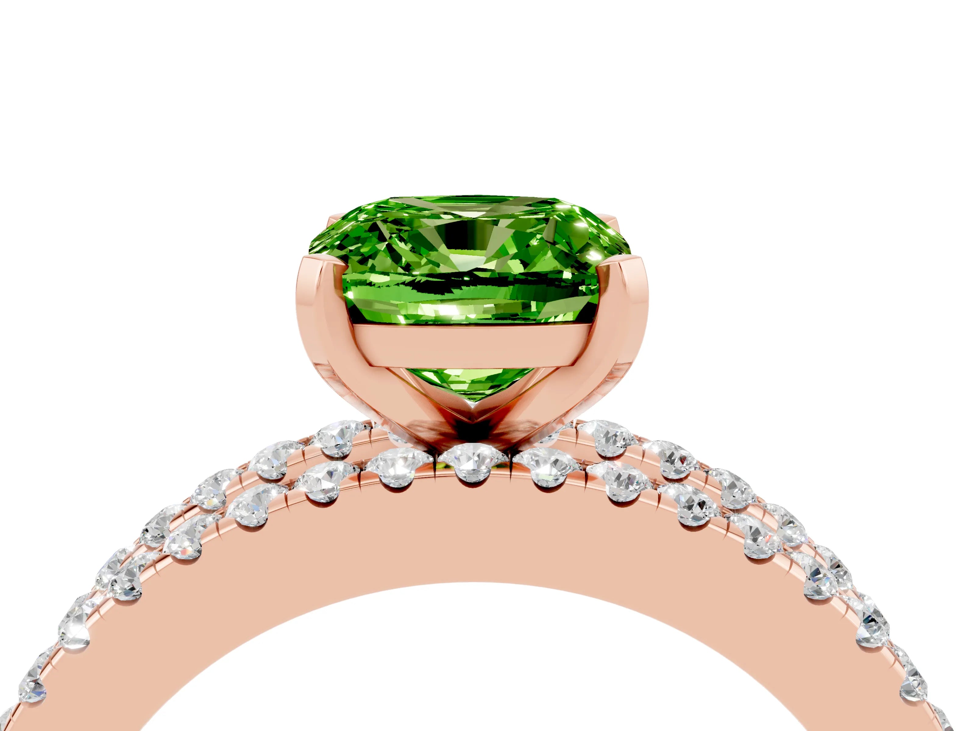 Rose gold Cushion Cut Peridot Solitaire Ring with Pavé and Channel Set Band_4