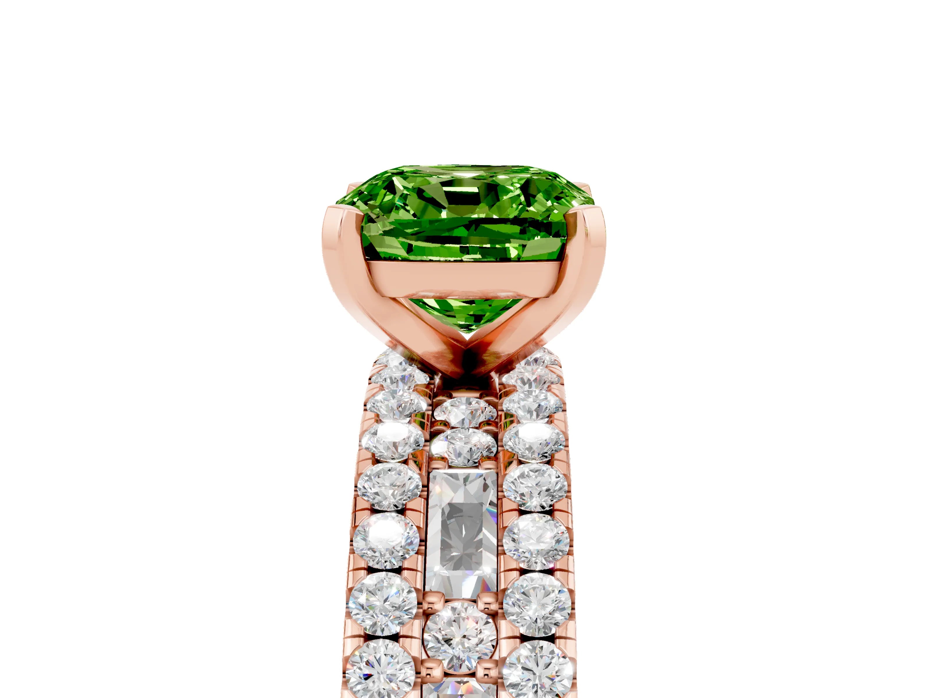Rose gold Cushion Cut Peridot Solitaire Ring with Pavé and Channel Set Band_5