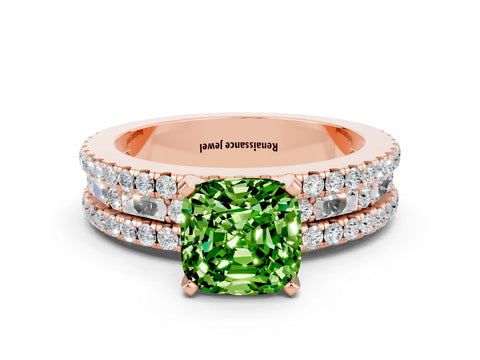 Rose gold Cushion Cut Peridot Solitaire Ring with Pavé and Channel Set Band