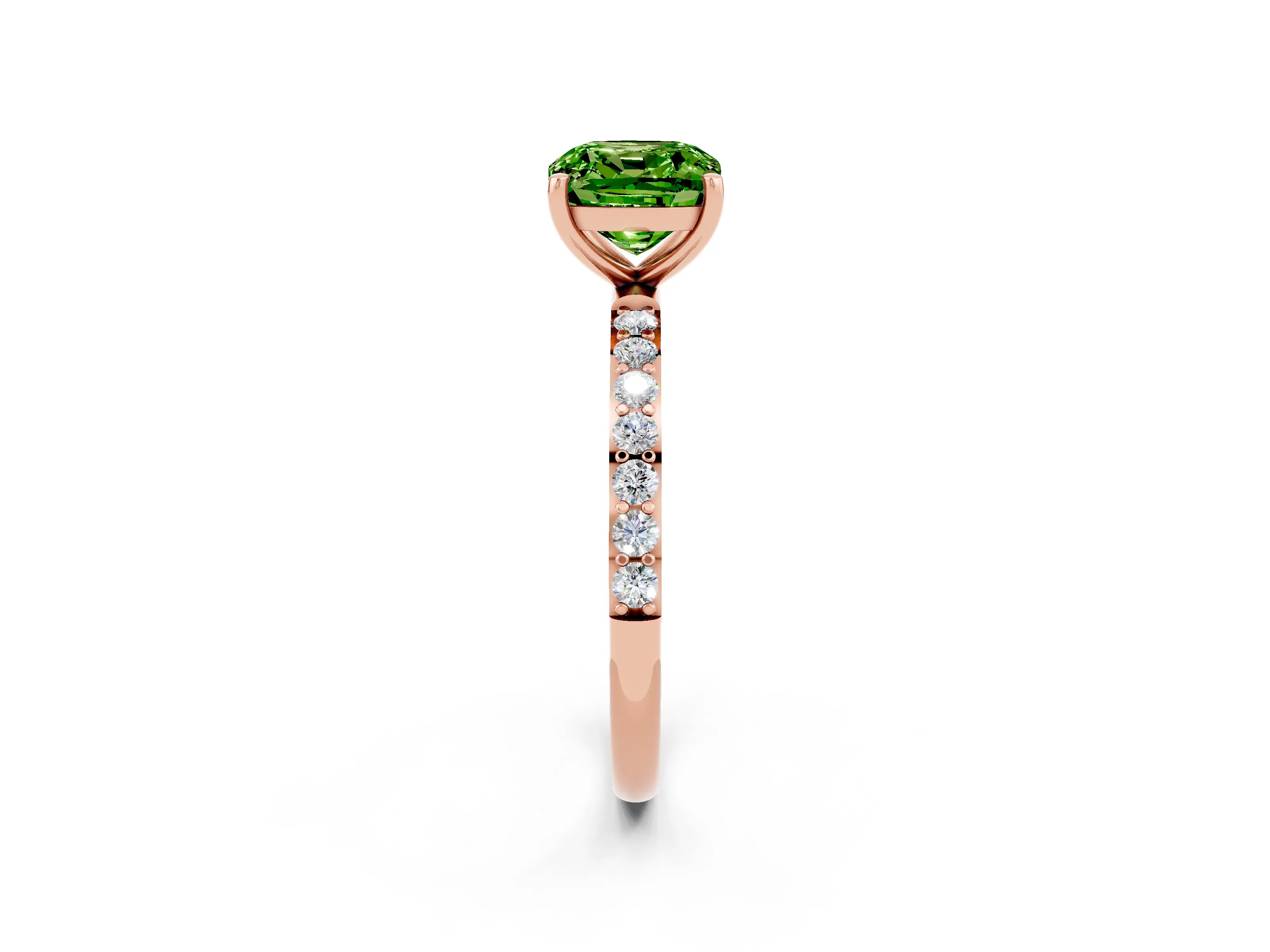 Rose gold Cushion Cut Peridot Solitaire Ring with Pave Band and Four Prong Setting_26