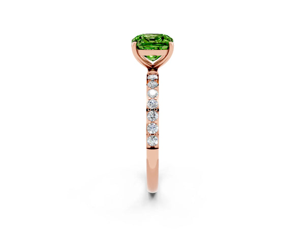 Rose gold Cushion Cut Peridot Solitaire Ring with Round  Pavé Band and Prong Setting