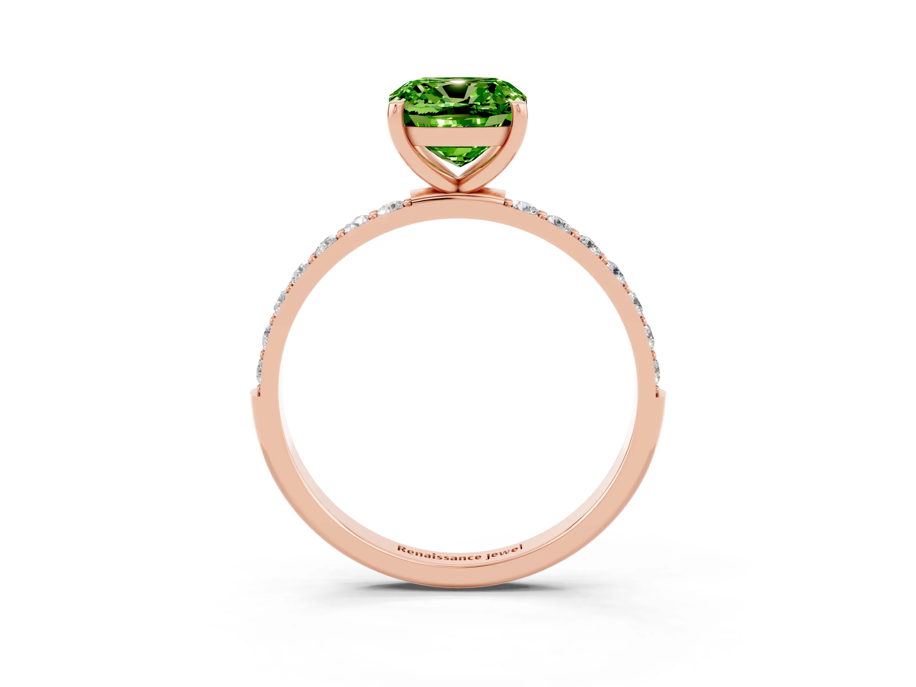 Rose gold Cushion Cut Peridot Solitaire Ring with Pave Band and Four Prong Setting_27