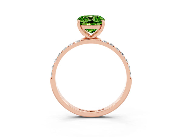 Rose gold Cushion Cut Peridot Solitaire Ring with Round  Pavé Band and Prong Setting