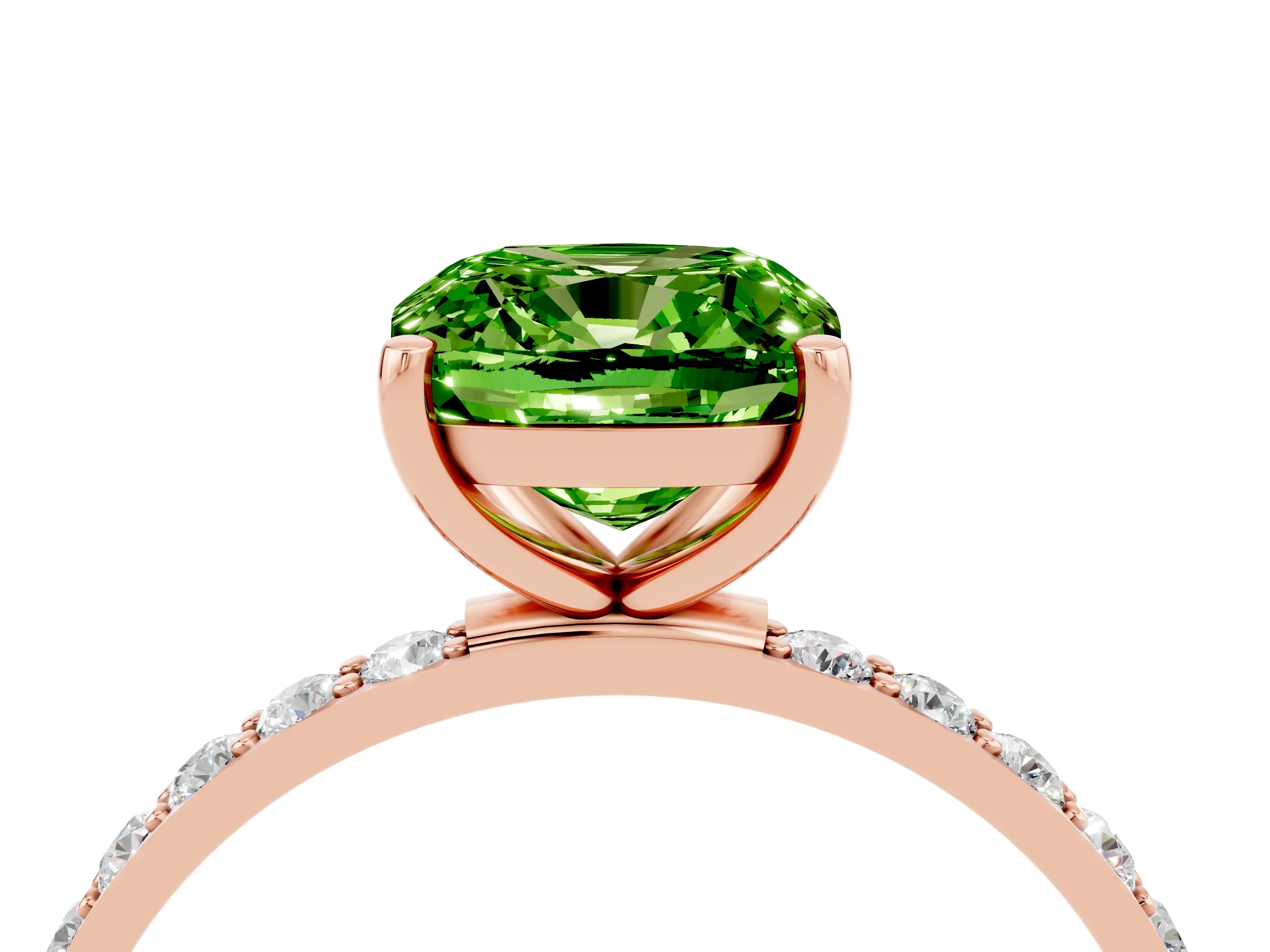 Rose gold Cushion Cut Peridot Solitaire Ring with Pave Band and Four Prong Setting_28