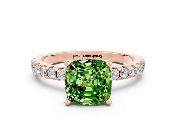 Rose gold Cushion Cut Peridot Solitaire Ring with Round  Pavé Band and Four-Prong Setting