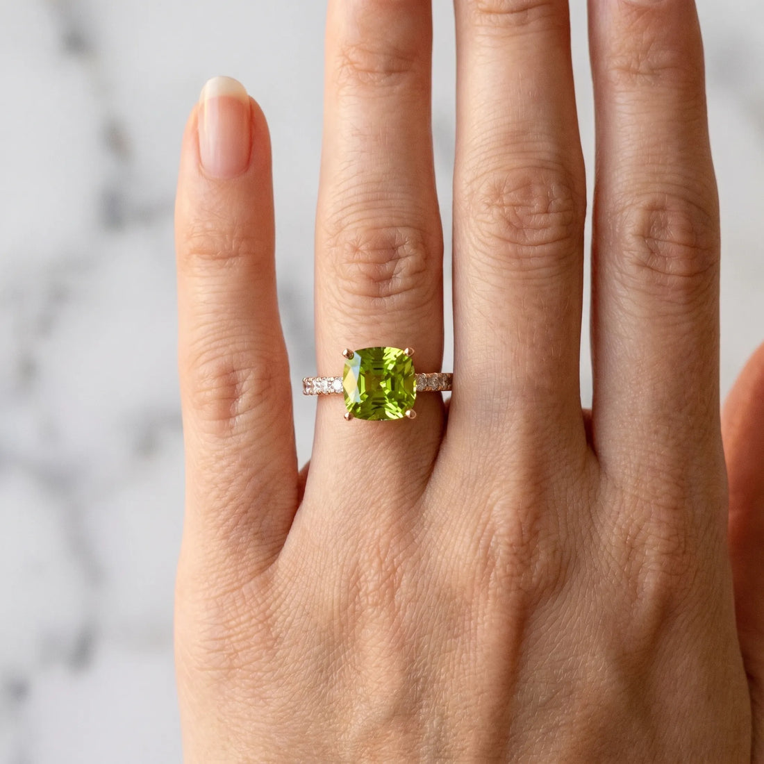 Rose gold Cushion Cut Peridot Solitaire Ring with Round  Pavé Band and Four-Prong Setting_42